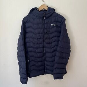 Hugo Boss Mens Navy Blue Hooded Puffer Jacket Wavy Quilted Coat Large